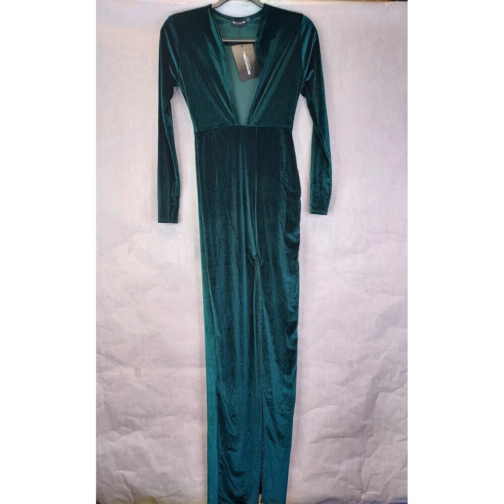 Pretty Little Thing Velvet Deep-V Maxi Dress Sz 2 XS High Slit Evening Party NEW